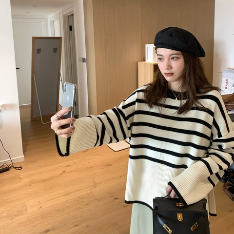 Black Friday Sonicelife Korean Striped Sweater Women Loose Side Split Chic O-Neck Knit Pullover Pretty Style Casual Fall Winter Lazy Vintage Jumpers