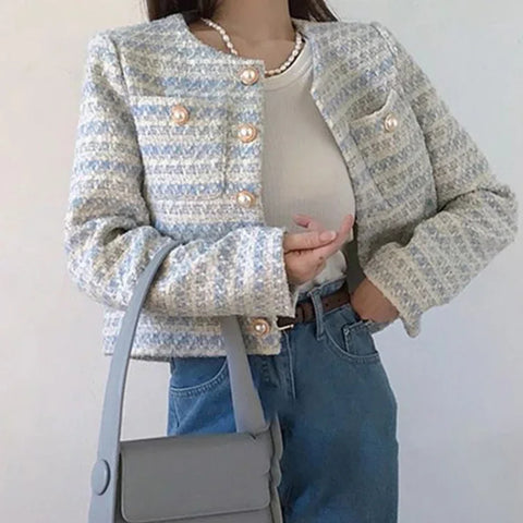 Sonicelife Blue Pearl Button Jacket For Round Neck Long Sleeve Woven Suit Women Romantic Tweed Style Loose  Sweet Coat Short Top
