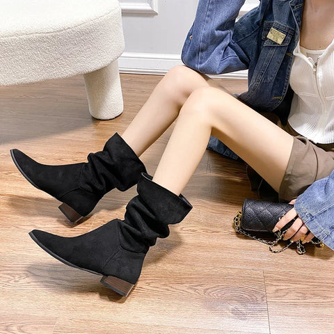 Sonicelife Knight  Women's 2025  Thick Heels Spring, Autumn, and Winter High Barrel and Thin Retro Slim Wrinkle Stacked Long Boots