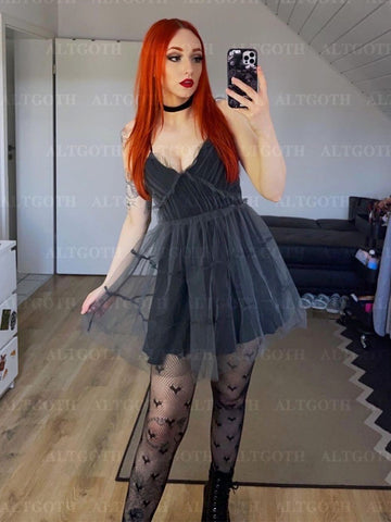 Sonicelife Y2k Gothic Mesh Dress Women Fairycore Grunge Streetwear Sexy Spaghetti Strap High Waist A-line Dress Soft Goth Outfits