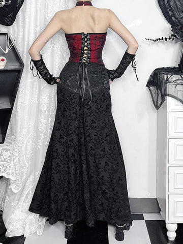 Sonicelife Mall Gothic Velevt Halloween Camisole Women Streetwear Vintage Jacquard Pu Patchwork Hollow Out Halter Crop Tank Tops