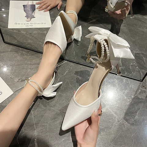 Sonicelife New Women Thin Heel Hollow Sandals Woman Pearl Butterfly Pointed Toe High Heels Womens Shoe Wedding Shoes