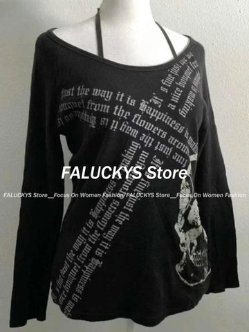 Sonicelife Vintage Gothic Streetwear T-shirt Woman Y2k Tops Harajuku Punk Japanese Tees O-neck Long Sleeve Camisetas Letter Print Tops New