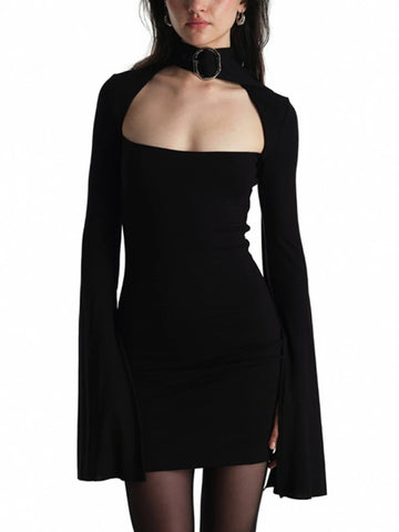 Sonicelife Streetwear Sexy Gothic Dress Women Harajuku Cyber Punk Y2k Metal Buckle Hollow Out Halter Long Sleeve Bodycon Dresses