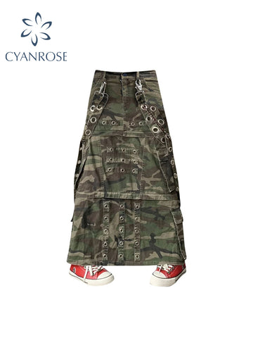 christmas outfit Sonicelife Women's A-line Camouflage Skirt Vintage 90s Aesthetic Y2k Long Cargo Skirt Harajuku Korean Jeans Skirt Emo 2000s Clothes Summer