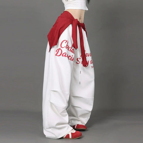 Sonicelife Vintage Letter Print Sweatpants Women American Streetwear Loose Trousers Y2K Hip Hop Drawstring Casual Wide Leg Pants