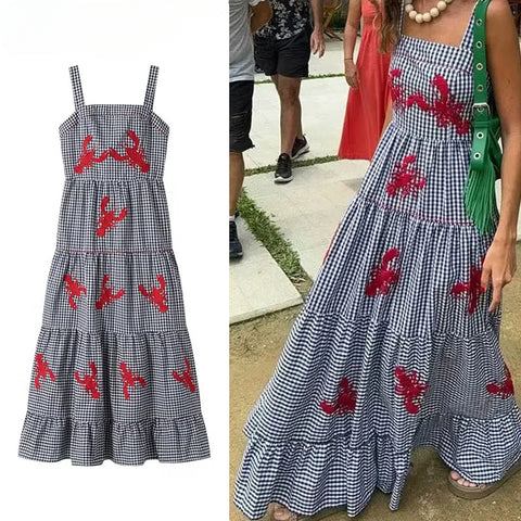 Sonicelife Embroidery Plaid Long Dresses Women Sleeveless Slip Midi Dress Woman Pleated Backless Beach Dress Vintage Summer Dress