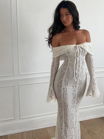 Sonicelife Fashion Lace Up Hollow Out Off Shoulder Bodycon Women's Vestidos Cut Out Flared Long Sleeve Maxi Dress 2025 Lady Outwear Robes