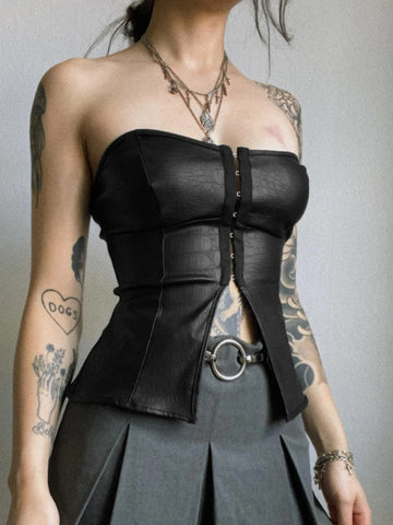 Sonicelife Gothic Dark Cyber Pu Vest Women Harajuku Streetwear Y2k E-girl Emo Alternative Grunge High Waist Strapless Crop Tank Top