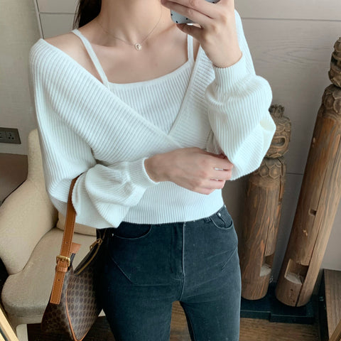 Black Friday Sonicelife Autumn Fake Two-Piece Sweater Women Knitted Solid Slim Long-Sleeved Pullover Fashion Casual Sweet Pretty Style Female Tops