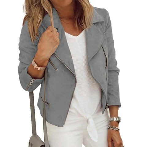 christmas outfit Sonicelife Office Lady Suede Leather Solid Color Jacket Long Sleeve Lapel Zipper Closure Blazer Slim Fits Short Cardigan Coat Outerwear