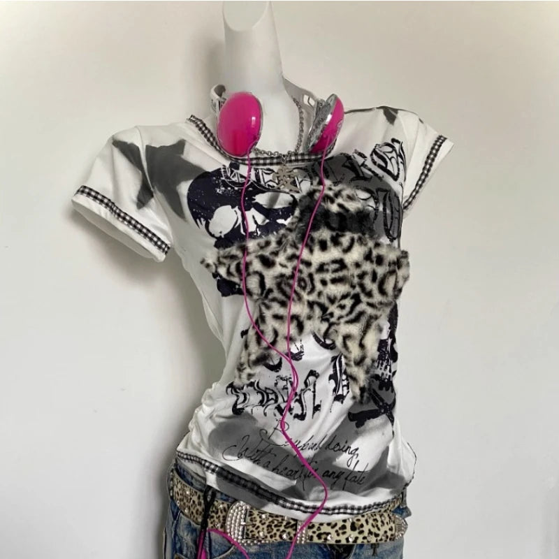 Sonicelife 2025 Summer Vintage TShirts Women Casual Leopard Print Patchwork Short Sleeve Top Y2k 2000s Sweet Cool Punk Subculture Tees New