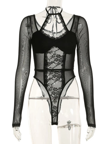Sonicelife Sexy Y2k Gothic Lace Bodysuit Women Cyber Punk Streetwear See Through Hollow Out Long Sleeve Halter Bodycon Onesie Femme