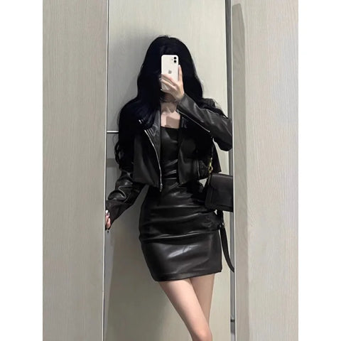 thanksgiving outfit Sonicelife 2024 Spring Autumn New Women's Cropped Leather Jacket Tank Dress Slimming Bodycon Skirt Trendy Fashionable