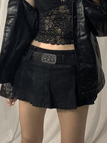 Sonicelife-Low Waist Mini Denim Skirt with Inset Shorts