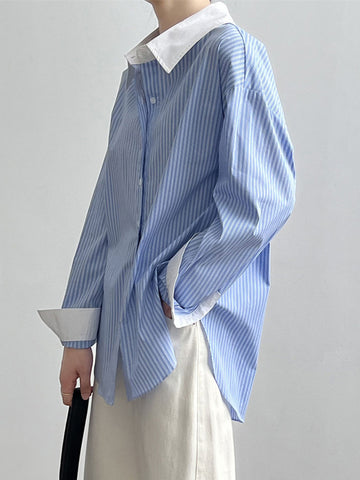 Sonicelife Elegant Women Striped Shirt Korean Casual Long Sleeve Patchwork Blouse Vintage Loose Female Fall Simple Sweet Retro Tops