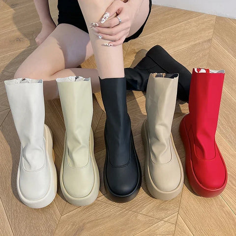 Sonicelife Heightened Thick Sole Ladies Zipper Boots 2025  Autumn Fashionable and Versatile Women's Short Boots Solid Color Simple Red Boot