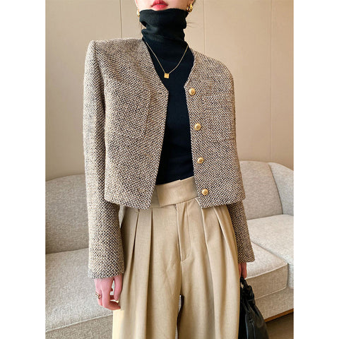 Sonicelife Vintage Cropped Tweed Jacket Women Elegant Short Blazer Autumn Korean Single-Breasted All Match Casual Chic Outerwear Tops