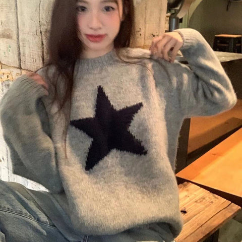 Black Friday Sonicelife Star Pullover Sweater Women Korean Fashion Loose O-Neck Warm Fall Winter Knitwear Pretty Style Hip-Hop Lazy Female Jumpers Tops