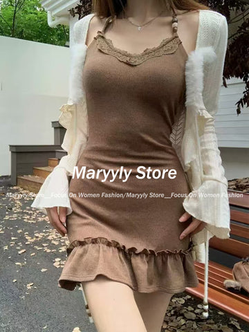 Sonicelife 2025 New Elegant Y2k Two Piece Sets American Retro Slim Fit Camisole Dress for Women+ Ruffles Long Sleeve Knitted Cardigan Chic