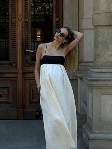 Sonicelife Fashion Loose Patchwork Spaghetti Strap Long Dress Elegant Pleated Off-the-shoulder Backless Gown New Lady Holiday Beach Robes
