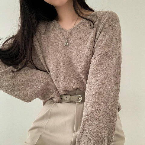 Sonicelife Solid Color V-Neck Oversized Knitted Tee