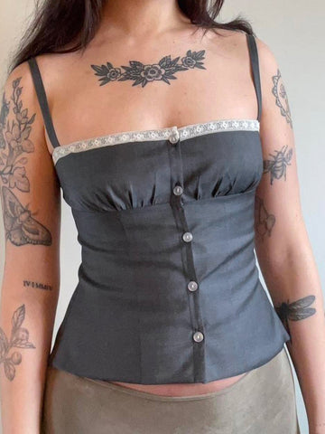 Sonicelife Dark Academia Y2k Camis Women Gothic Cyber Punk Streetwear Lace Patchwork Crop Tank Tops Emo Alternative Grunge Outfits