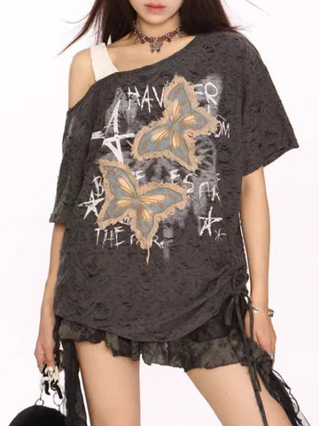 Sonicelife Women Y2k Gothic Grunge Dark Hollow Out T Shirt Spring Harajuku Hollow Out Off Shoulder Sexy Tees Autumn Punk Letter Print Tops