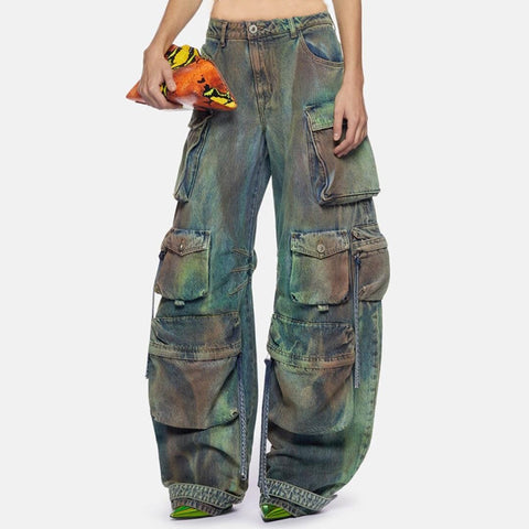 Sonicelife 2 Piece Tie Dye Washed Denim Bustier Tops Cargo Pants Women Sets Halter Crop Top Baggy Pants Jeans Hiphop Cool Two Piece Outfits