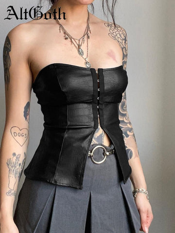 Sonicelife Gothic Dark Cyber Pu Vest Women Harajuku Streetwear Y2k E-girl Emo Alternative Grunge High Waist Strapless Crop Tank Top
