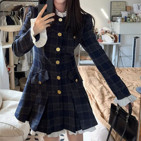 Sonicelife French Plaid Dresses Women Autumn Winter New Ruffles O Neck Single Breasted Pleated Dress Korean Slim Elegant Vintage Vestidos