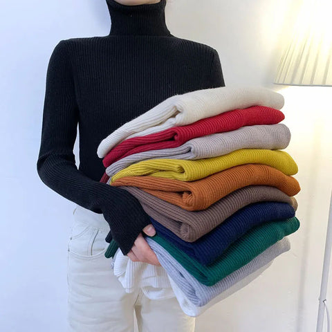 Black Friday Sonicelife Zoki Autumn Fashion Women Turtleneck Sweater Korean Long Sleeve Simple Basic Slim Elastic Jumper Solid Screw Thread Elegant Tops