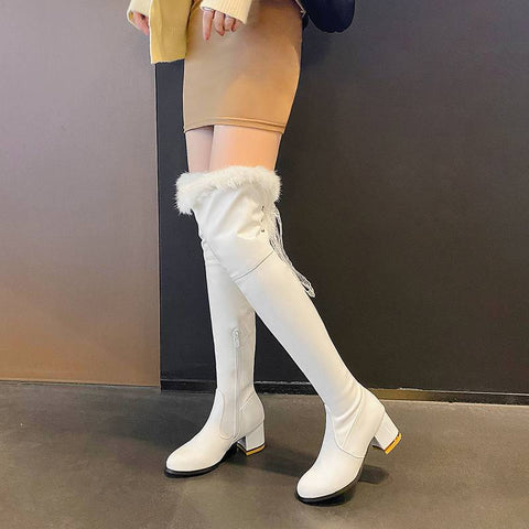 thanksgiving outfit Sonicelife Fashion Lady Thigh Boots 54cm Round Toe Block Heels 6cm Plush Shoes Ribbon Sexy Party Big Size 45 46 47 48