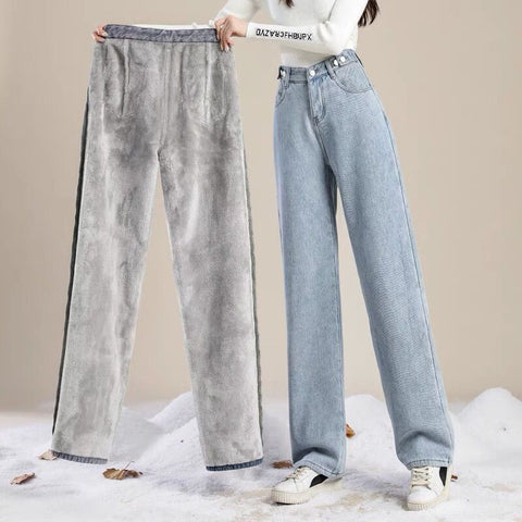 Sonicelife High Waist Straight Pants Cashmere Thermal Jeans Casual Loose Thickened Office Trousers Women Autumn Winter