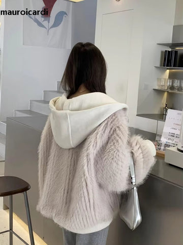 christmas outfit Sonicelife Spring Winter Hairy Shaggy Soft Thick Warm Faux Fur Coat Women with Hood Fluffy Jacket Fake 2 Piece Clothes 2025