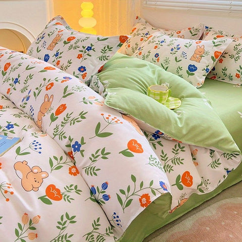 Sonicelife Cute Rabbit Carrot Bedding Set Soft Green Flat Sheet Quilt Cover Pillowcase Bed Linen Twin Queen Full Size Floral Duvet Cover