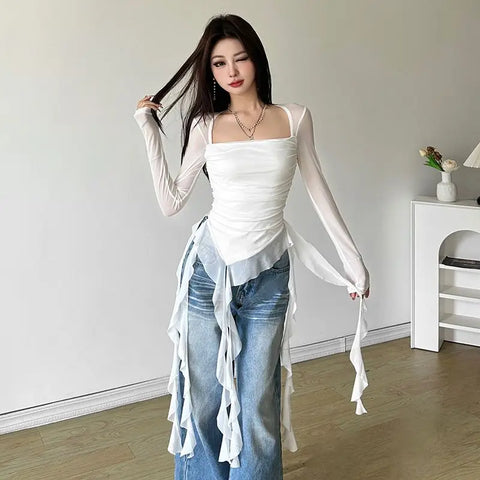 Sonicelife Spicy Girl Fairy Style Lotus Leaf Edge Square Neck Thin Long Sleeve White T-shirt Women Top Mesh Sexy Irregular Slimming Y2k Top