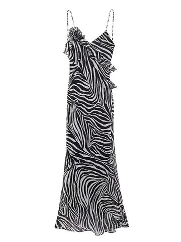 Sonicelife Sexy Zebra Print Sling Long Dress Women V-neck Sleeveless Backless 3D Flower Beach Dresses 2024 Summer Lady Holiday Chiffon Robe