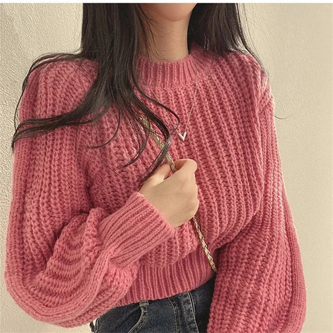 Sonicelife Loose Vintage Harajuku Lantern Long Sleeve Women Sweater Korean Autumn Winter Knitwear Soft Warm Tops Chic Solid Femme Jumpers