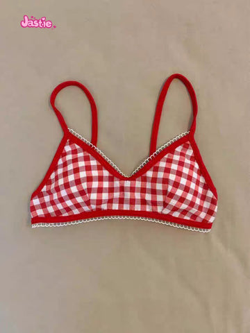 Sonicelife Bow Embroidery White Sweet Women Camis With Plaid Bras Cotton Blend Chic Spicy Girls Y2K Tank Tops Tight Sexy Two Piece Crop Top
