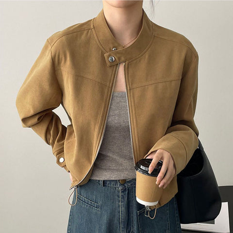 Sonicelife American Vintage Jacket Women Y2K Autumn Stand Collar Long Sleeve Zipper Short Coat Harajuku Streetwear All Match Motorcycle Top