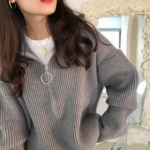 Black Friday Sonicelife Turtleneck Knitted Pullovers Women Autumn Warm Solid Zipper Long Sleeve Casual Jumper Fashion Loose All Match Sweaters