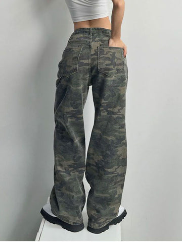 Sonicelife Camouflage Cargo Pants Women Y2K Streetwear Low Rise Jeans Retro Wide Leg Trousers Denim Straight Trousers Harajuku