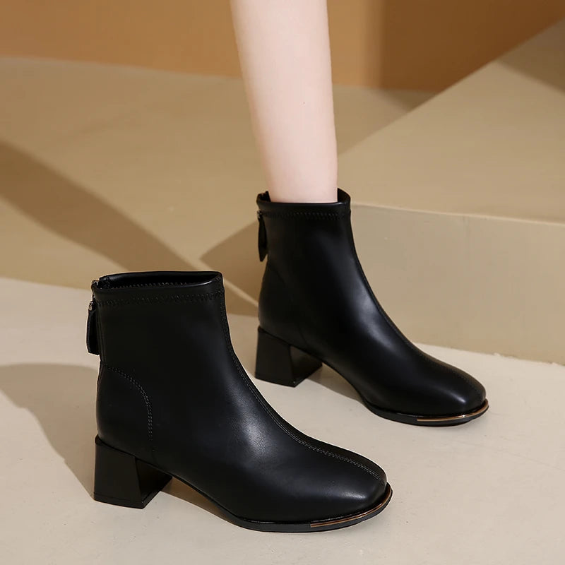 Sonicelife 2025  Winter New British Style Back Zipper Fashion Boots Women's Rough Heel Leather Suede Versatile Short Boots