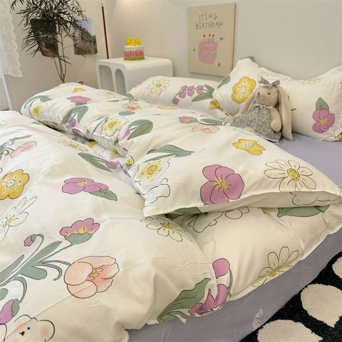 Sonicelife Floral Korean Style Duvet Cover Set No Filler Pillowcase Flat Sheet Twin Queen Size Boys Grils Romantic Bedding Kit