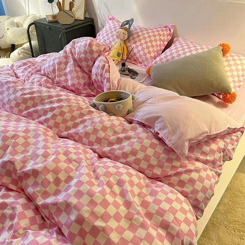 Sonicelife Korean Style Ice Cream Lattice Bedding Set Flat Bed Sheet Pillowcase Twin Full Queen Size Bed Linen Women Girls Duvet Cover Sets