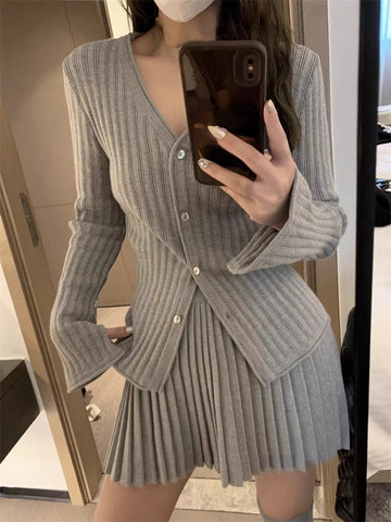 Sonicelife 2025 Autumn Grey Knitted Suit for Women Korean Slim Short Cardigan Top High Waist Fashion Skirt Suit Outfit 2 Piece Set Chic