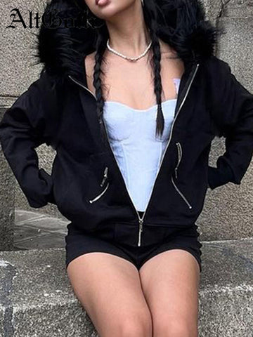 Sonicelife Dark Academia Gothic Sweatshirt Women Streetwear Harajuku Vintage Y2k E-girl Cyber Punk Fur Collar Loose Cardigan Tops