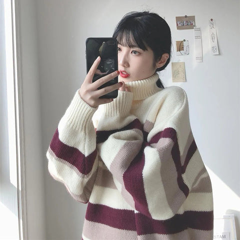 Black Friday Sonicelife Zoki Turtleneck Sweaters Women Vintage Striped Fall Winter Casual Thicken Warm Preppy Pullovers Baggy All Match Knitwear Jumper