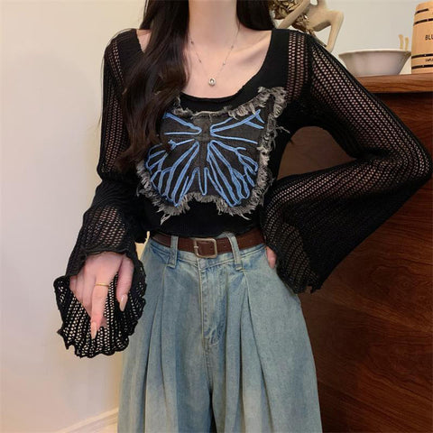 Black Friday Sonicelife Butterfly Denim Patchwork Sweater Women Jazz V-Neck Flare Sleeve Hollow Out Knitted Pullover Hot Slim Sexy Cropped Tops